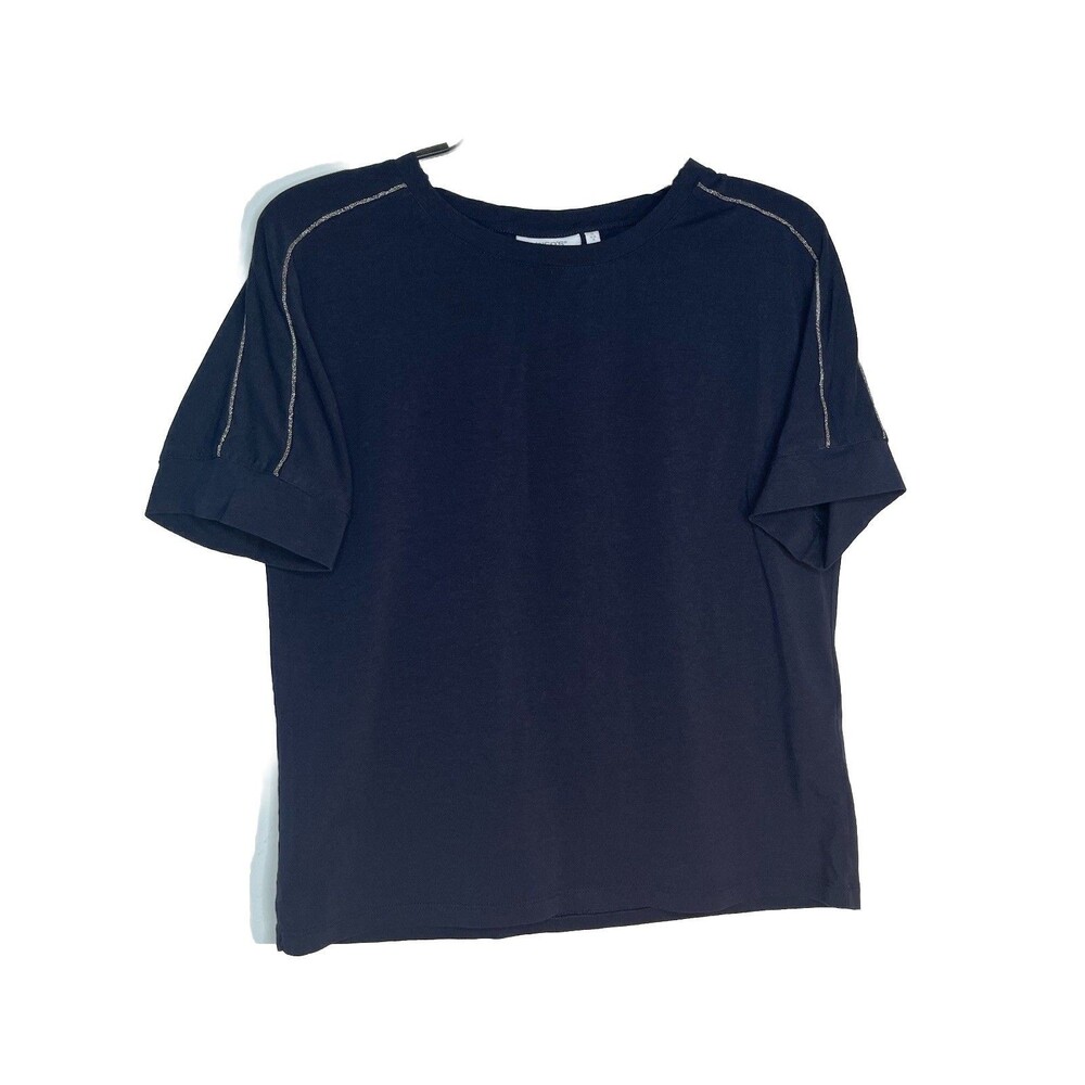 Chicos Embellished Trim Navy Blue Short sleeve Print Blouse 0 S